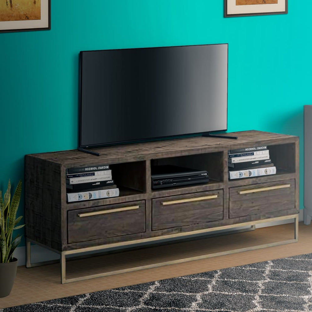 TV Console | 3 Drawer | Sled Base | 3 Open Compartments | Brown & Gold