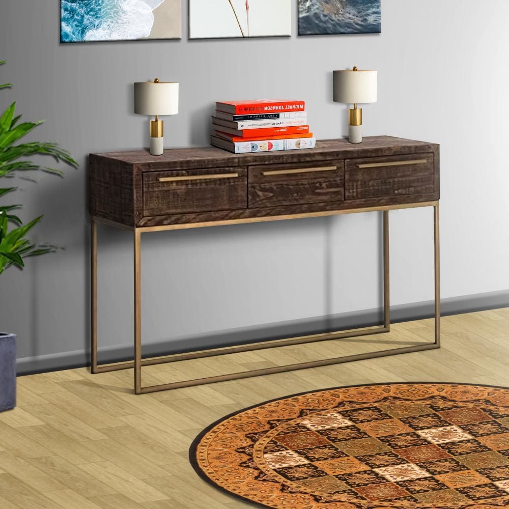 50" 3-Drawer Sofa Table with Sled Metal Base, Brown & Gold By Casagear Home
