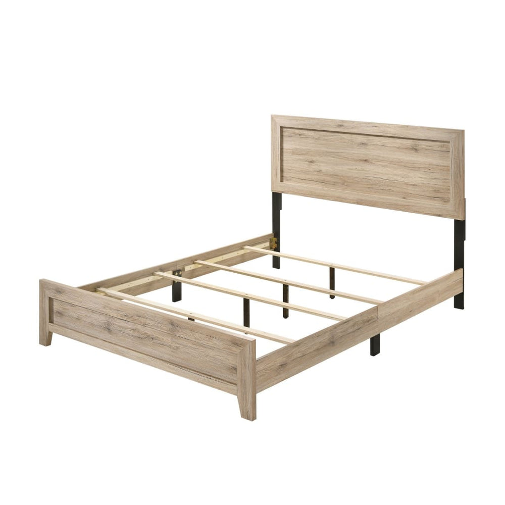 Wood Queen Bed | Rectangular Headboard | Rough Hewn Texture | Brown