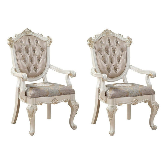 Wood Armchair | Floral Patterned Padded Seat | Set of 2 | White & Gold