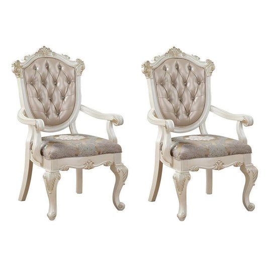 Traditional Button Tufted Arm Chair, Set of 2, White and Gold By Casagear Home