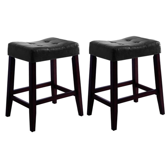 26" Wooden Stool with Saddle Seat, Set of 2, Black & Brown By Casagear Home