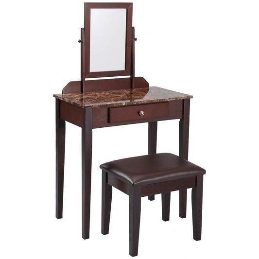 Wood and Leatherette Vanity Set with Faux Marble Top, Brown By Casagear Home