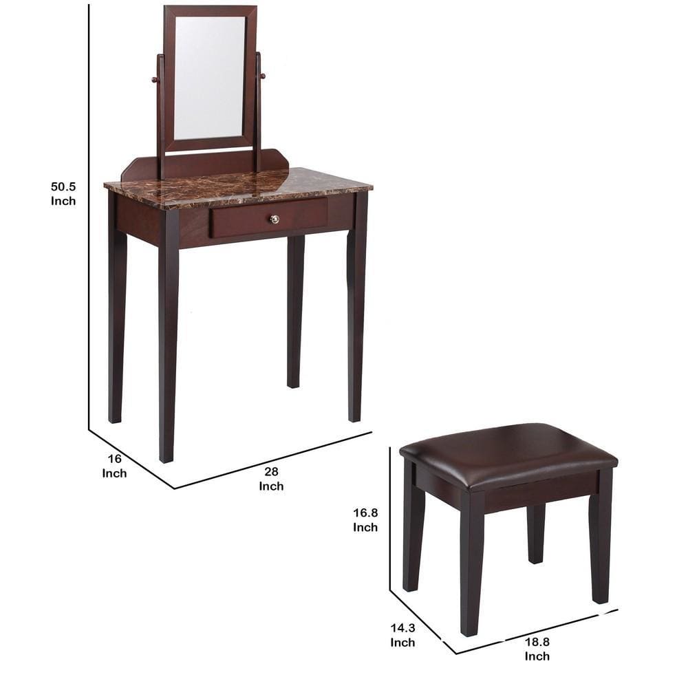 Wood and Leatherette Vanity Set with Faux Marble Top Brown By Casagear Home BM221619