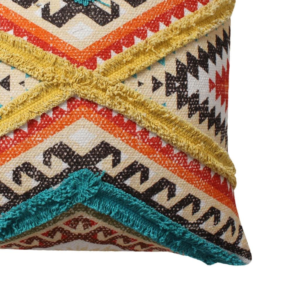 18 x 18 Square Cotton Accent Throw Pillow Aztec Tribal Inspired Pattern Trimmed Fringes Multicolor By The Urban Port BM221647