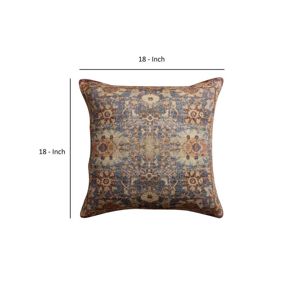 Gib 18 x 18 Handcrafted Square Cotton Accent Throw Pillow Ornate Vintage Floral Pattern Blue Brown By The Urban Port BM221661