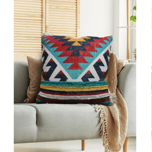 24 x 24 Square Handwoven Cotton Dhurrie Accent Throw Pillow, Aztec Kilim Pattern, Tassels, Set of 2, Multicolor By The Urban Port