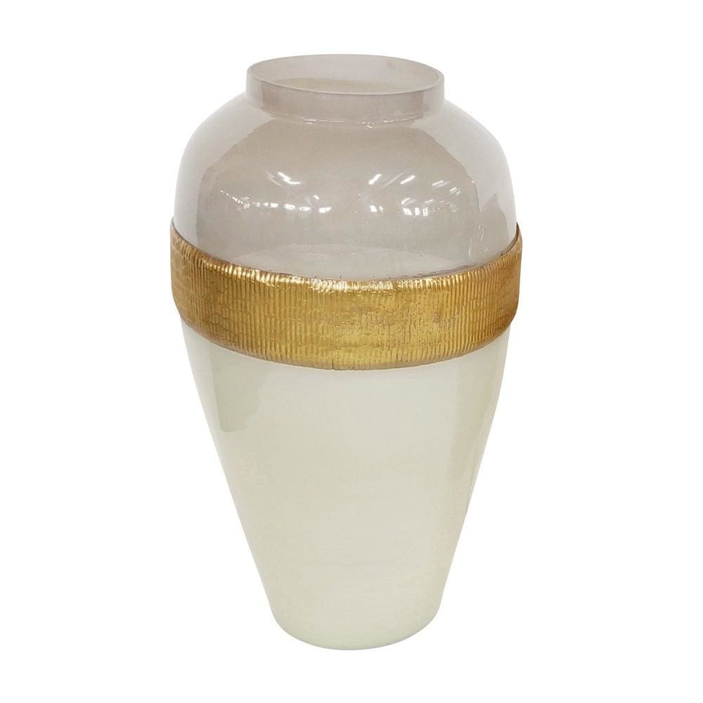 Glass Frame Vase with Tapered Body Design, White and Brass By Casagear Home