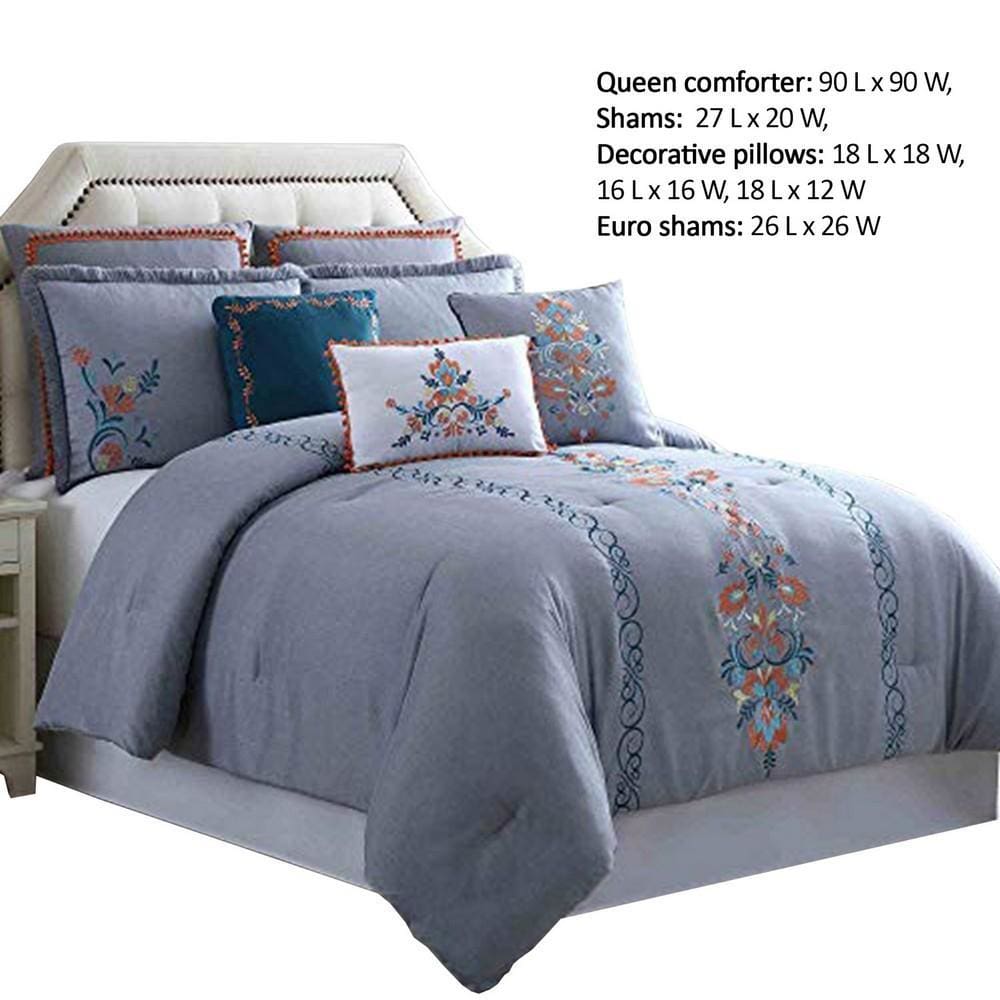 Odense 8 Piece Queen Comforter Set with Floral Embroidery Multicolor By Casagear Home BM222759