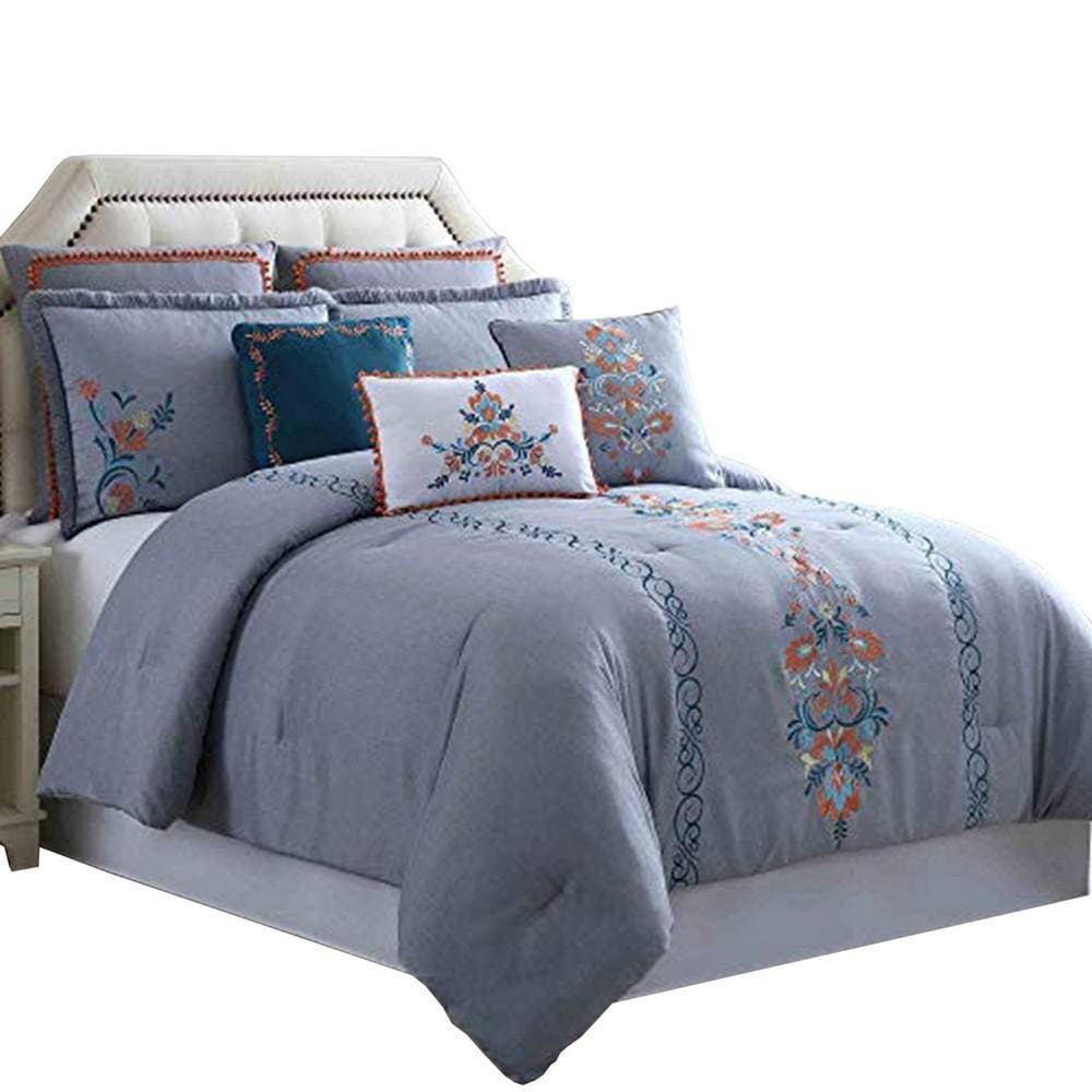 Odense King Comforter Set | 8 Pieces | Floral Embroidery | Multicolor