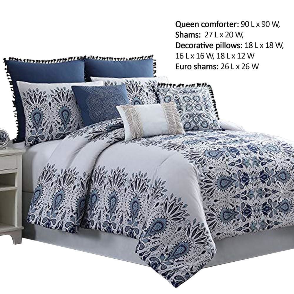 Constanta 8 Piece Queen Comforter Set with Floral Print,Blue and White By Casagear Home BM222761