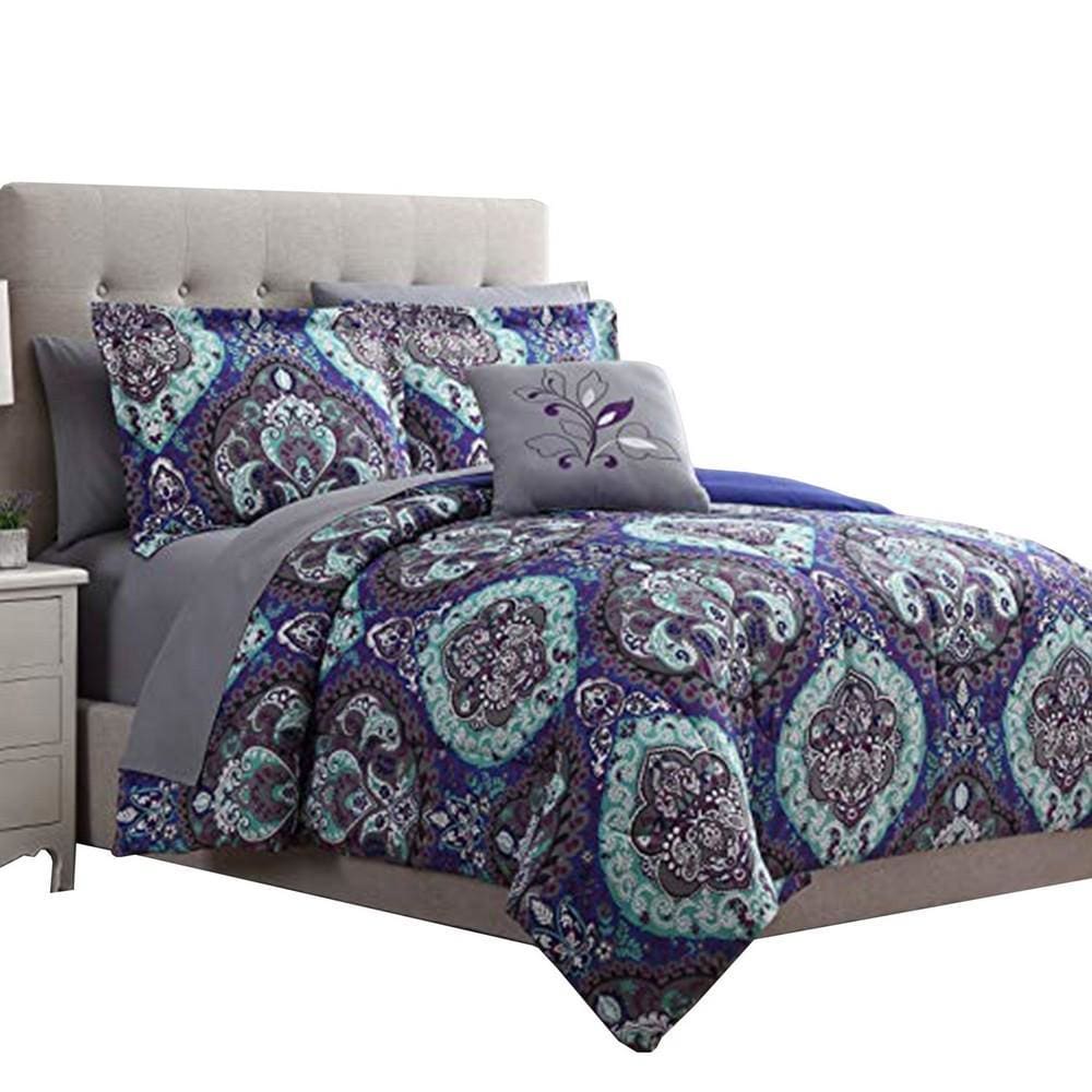 Split 8 Piece Reversible Printed Full Size Complete Bed Set , Blue By Casagear  Home