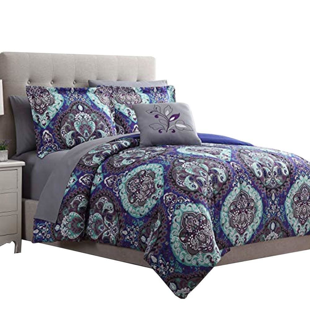 Split Full Bed Set | 8 Pieces | Reversible Printed | Blue