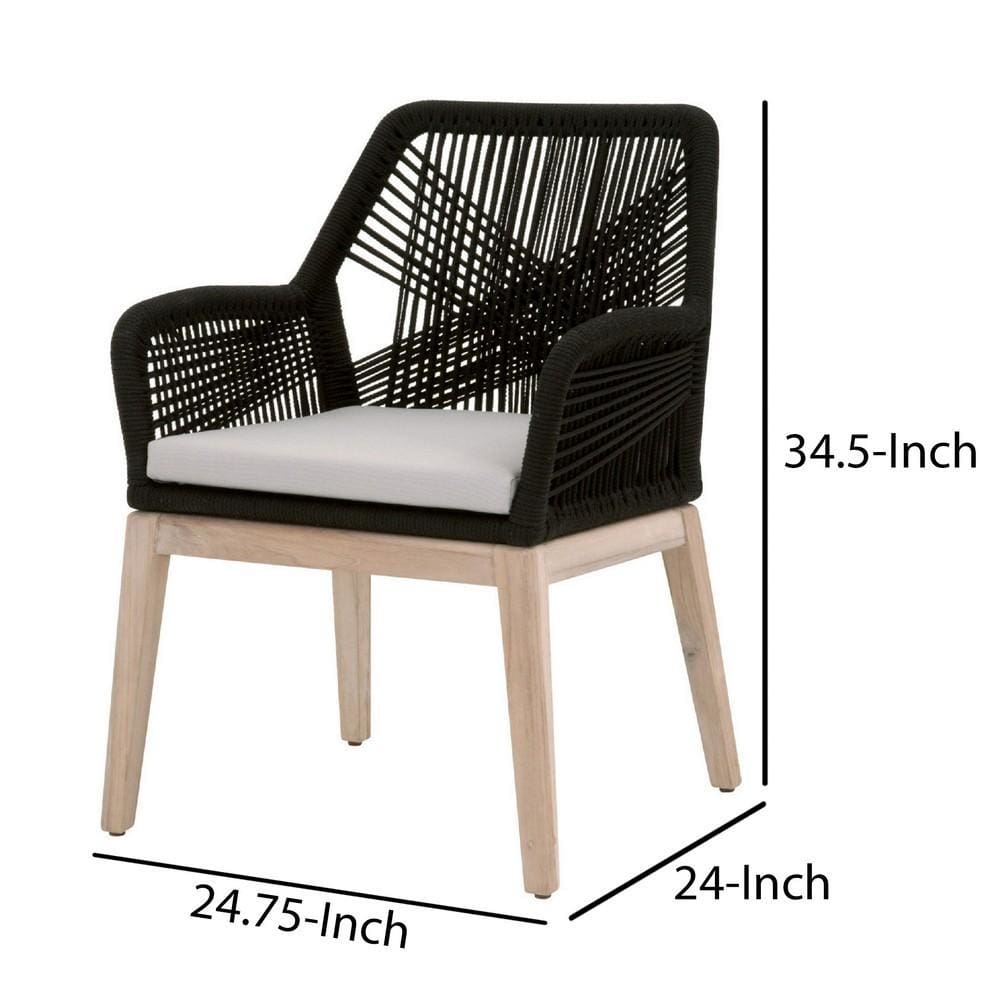 Transitional Wooden Arm Chair with Rope Weave Design Set of 2 Black By Casagear Home BM222997