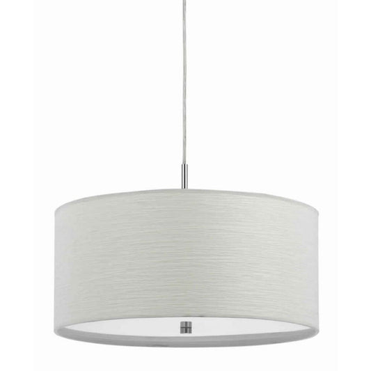 Drum Style Pendant Fixture with Fabric Shade and Brushed Details, White By Casagear Home