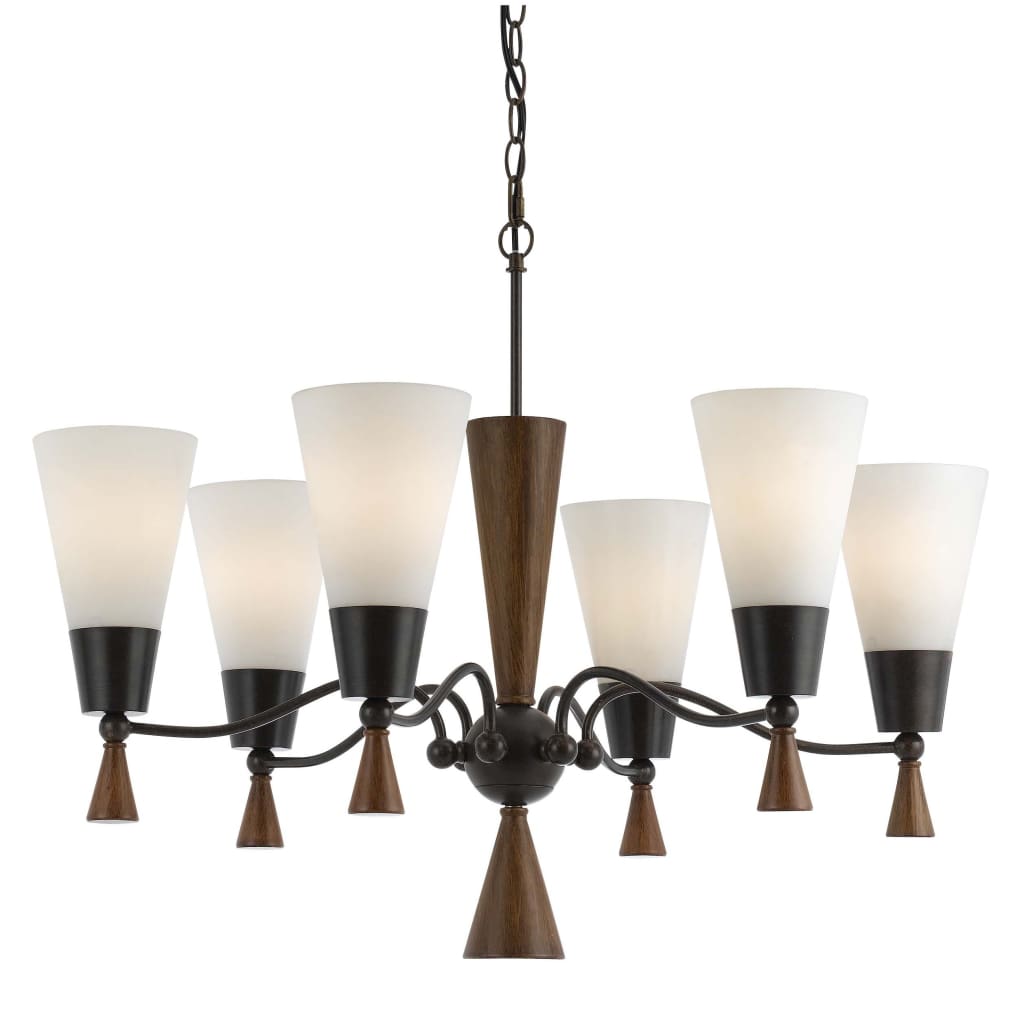 6 Bulb Uplight Chandelier with Glass Shade and Resin Accents,White and Brown By Casagear Home