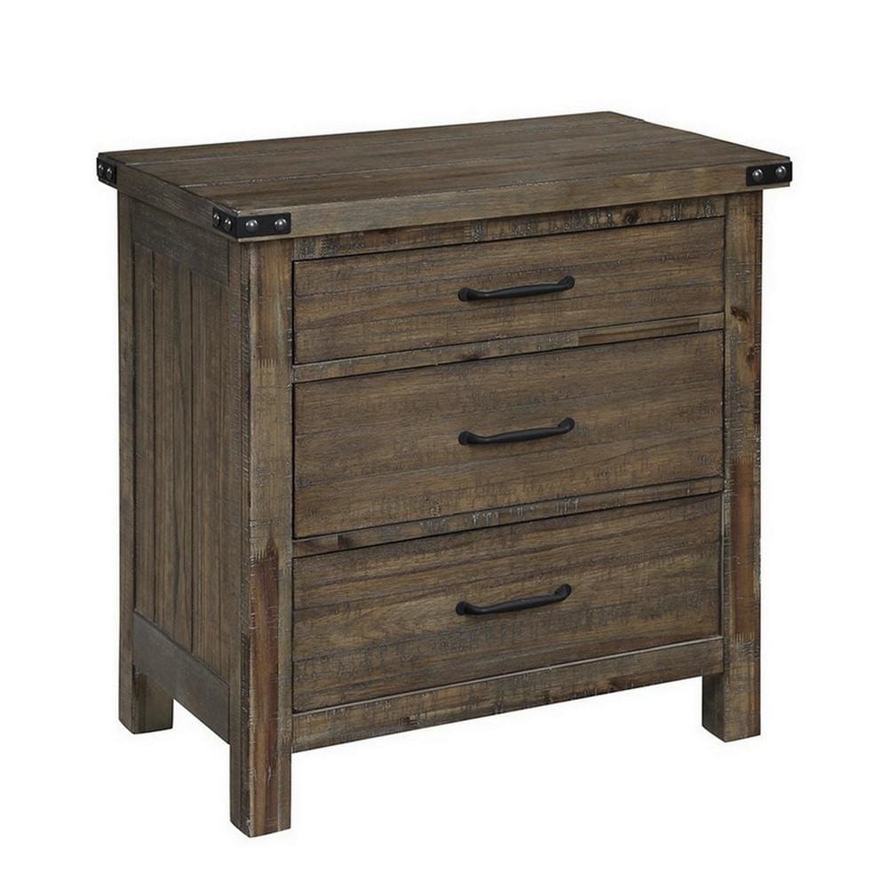 3 Drawer Wooden Nightstand with Metal Corner Brackets and Rivets, Brown By Casagear Home