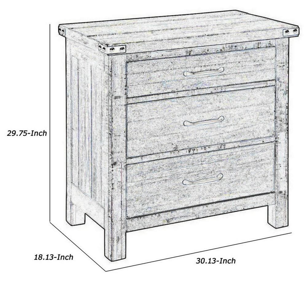 3 Drawer Wooden Nightstand with Metal Corner Brackets and Rivets Brown By Casagear Home BM223285