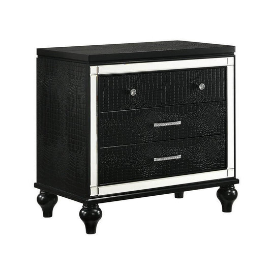 3 Drawer Wooden Nightstand with Mirror Accents and Faux Crystal Pulls,Black By Casagear Home