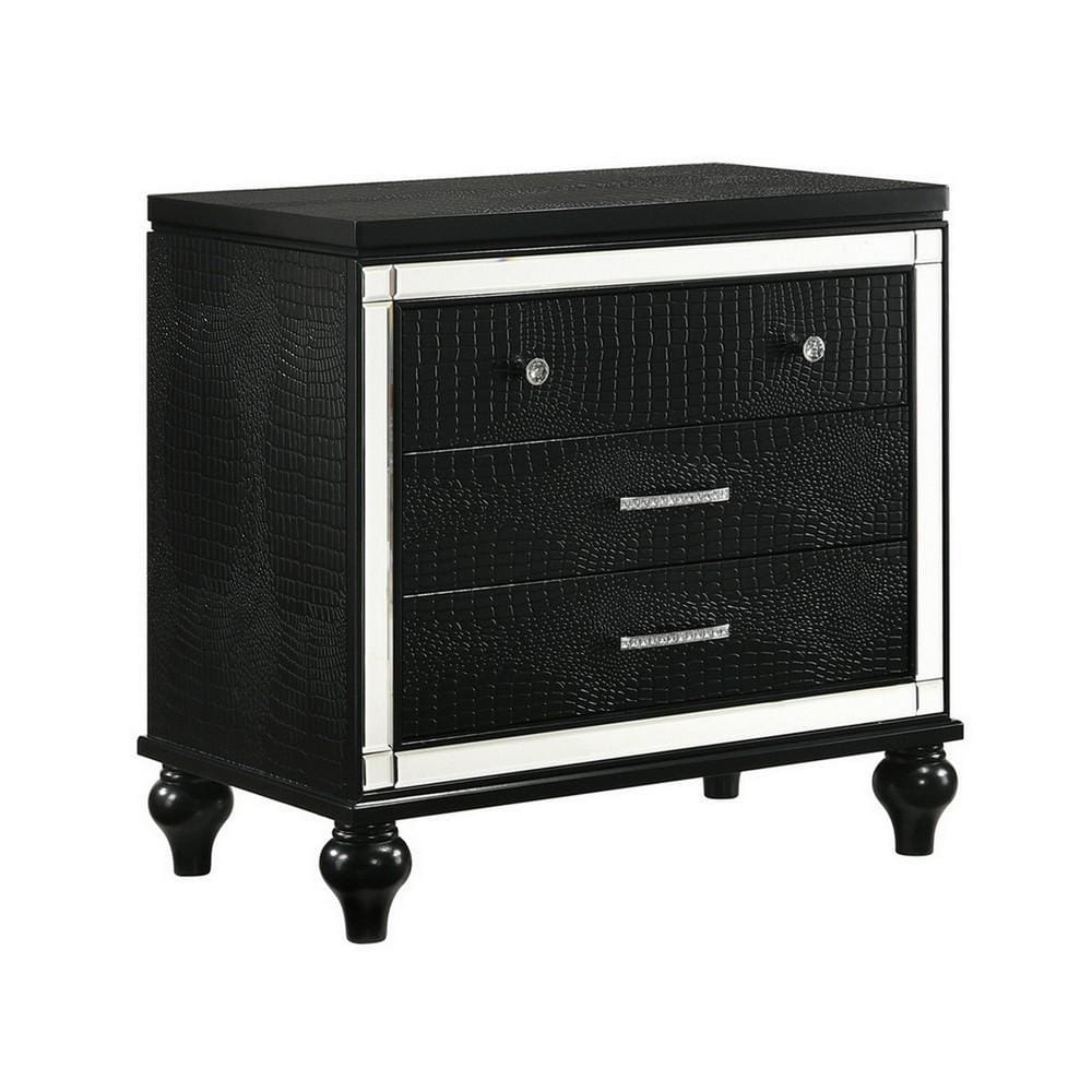 Nightstand | 3 Drawer | Mirror Accents | Crystal Pull Handles | Black