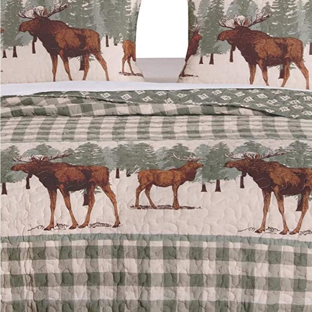 Fabric Twin Size Quilt Set with Animal and Plaid Print Green and Brown By Casagear Home BM223377