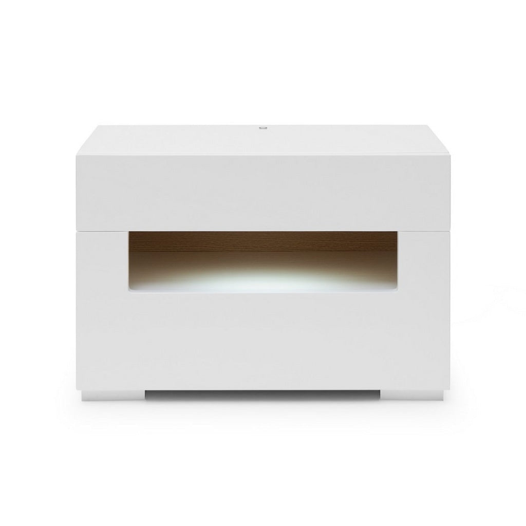 2 Pull Out Drawer Nightstand with High Gloss and Open Compartment, White By Casagear Home