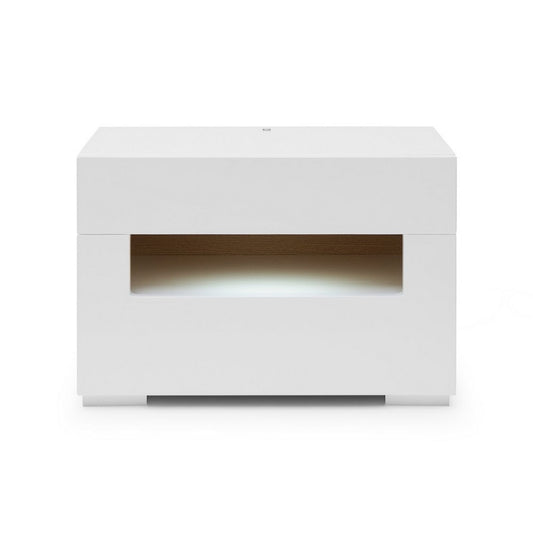 2 Pull Out Drawer Nightstand with High Gloss and Open Compartment, White By Casagear Home