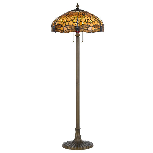 2 Bulb Tiffany Floor Lamp with Dragonfly Design Shade, Multicolor By Casagear Home