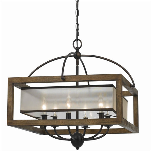 Chandelier | 6 Bulb | Wood Frame | Organza Shade | Brown