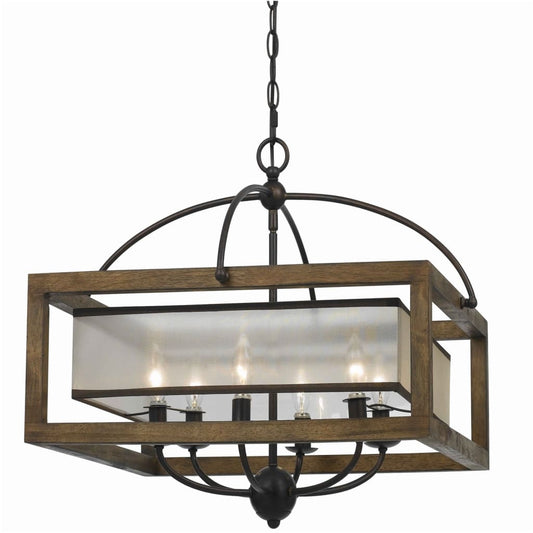 Chandelier | 6 Bulb | Wood Frame | Organza Shade | Brown