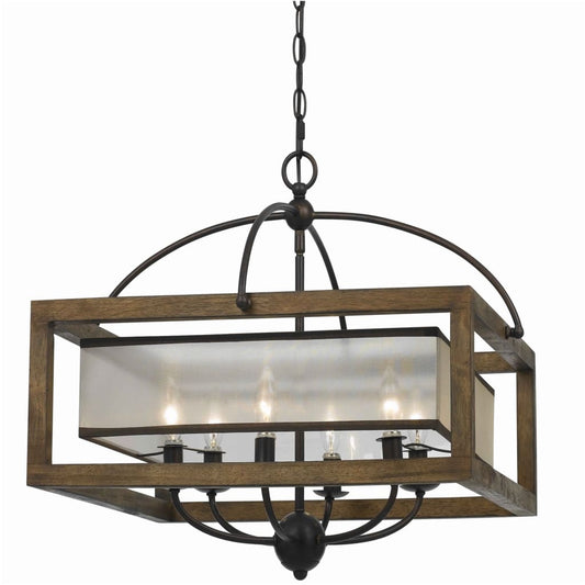 6 Bulb Square Chandelier with Wooden Frame and Organza Striped Shade, Brown By Casagear Home