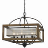 6 Bulb Square Chandelier with Wooden Frame and Organza Striped Shade, Brown By Casagear Home