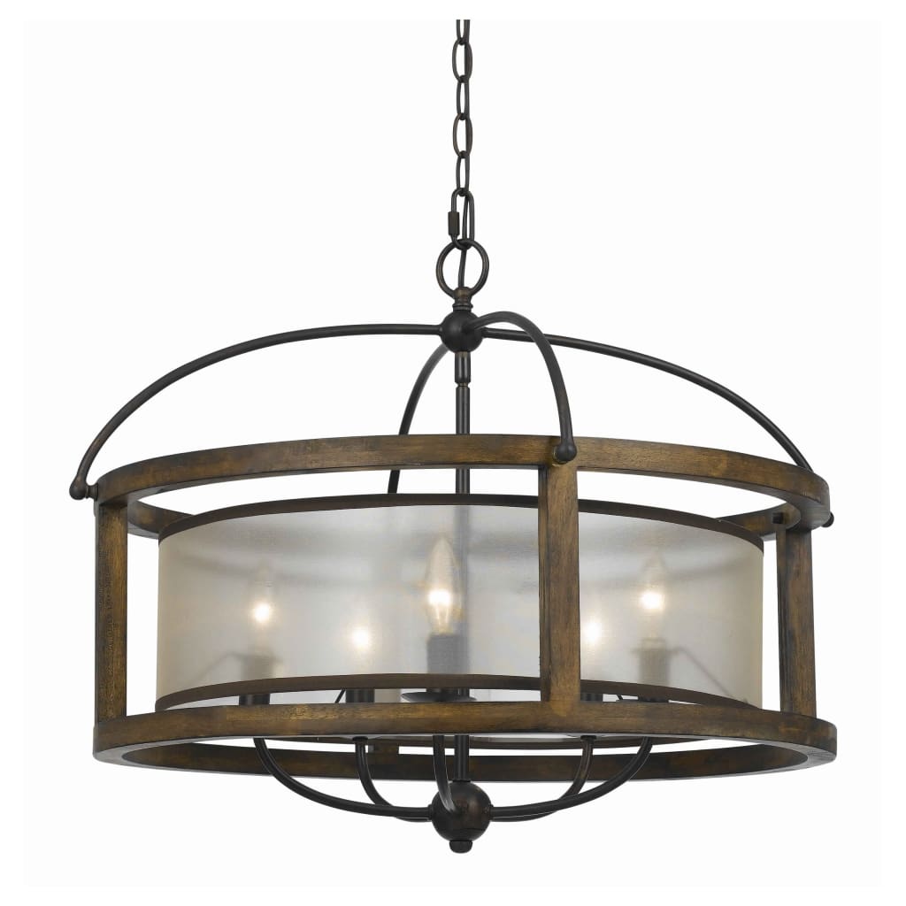 5 Bulb Round Chandelier with Wooden Frame and Organza Striped Shade, Brown By Casagear Home