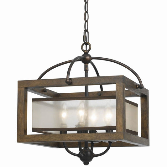 Pendant Light | 4 Bulb | Wood Frame | Organza Shade | Brown