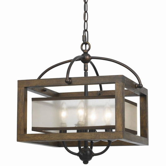 4 Bulb Semi Flush Pendant with Wooden Frame and Organza Striped Shade,Brown By Casagear Home