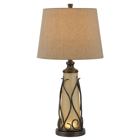 Table Lamp | 3 Way | Frosted Glass Body | Fabric Shade | Light Brown