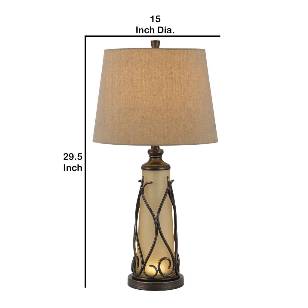 3 Way Table Tamp with Frosted Glass Body and Fabric Shade Beige and Bronze By Casagear Home BM223622