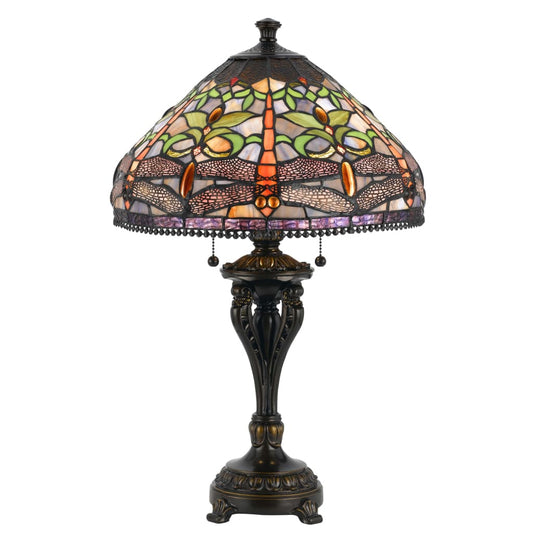 Tiffany Table Lamp with Metal Body and Dragonfly Design Shade, Multicolor By Casagear Home