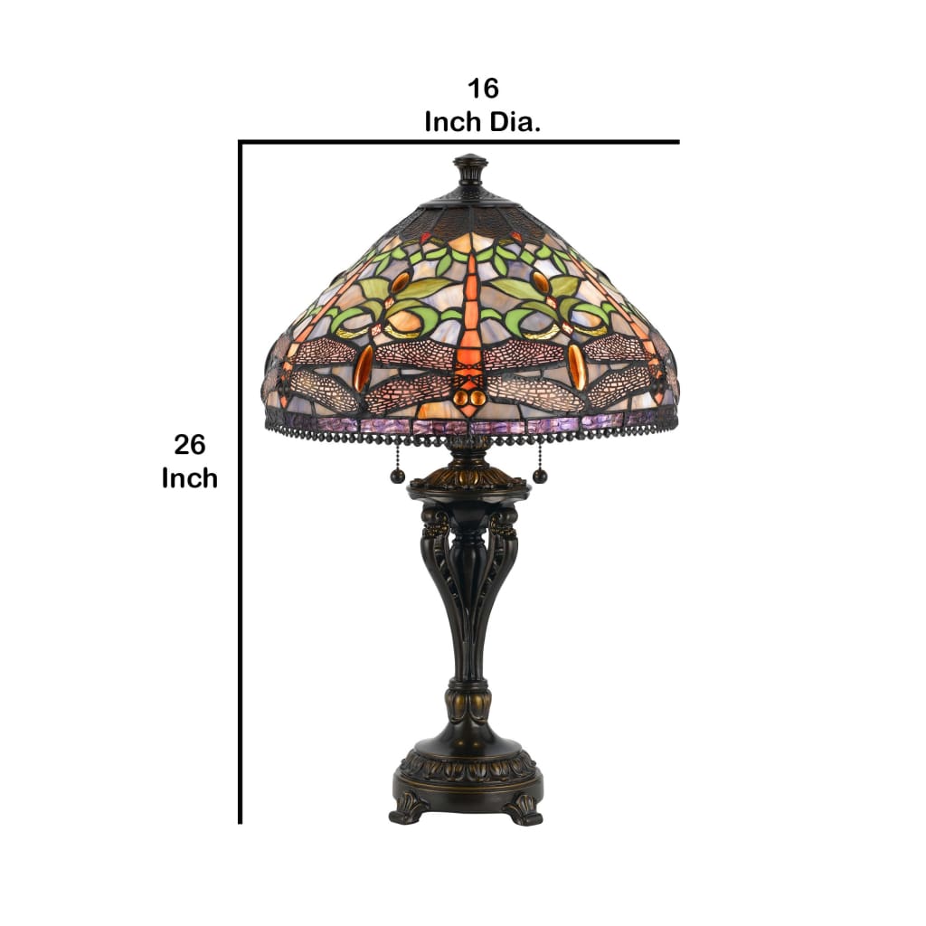 Tiffany Table Lamp with Metal Body and Dragonfly Design Shade Multicolor By Casagear Home BM223629