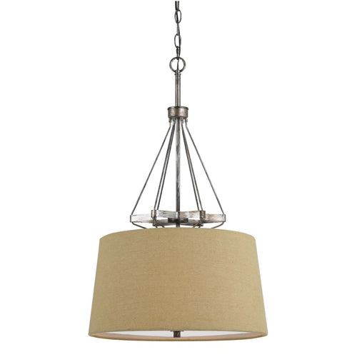 Pendant Light | 3 Bulb | Round Burlap Shade | Metal Frame | Beige