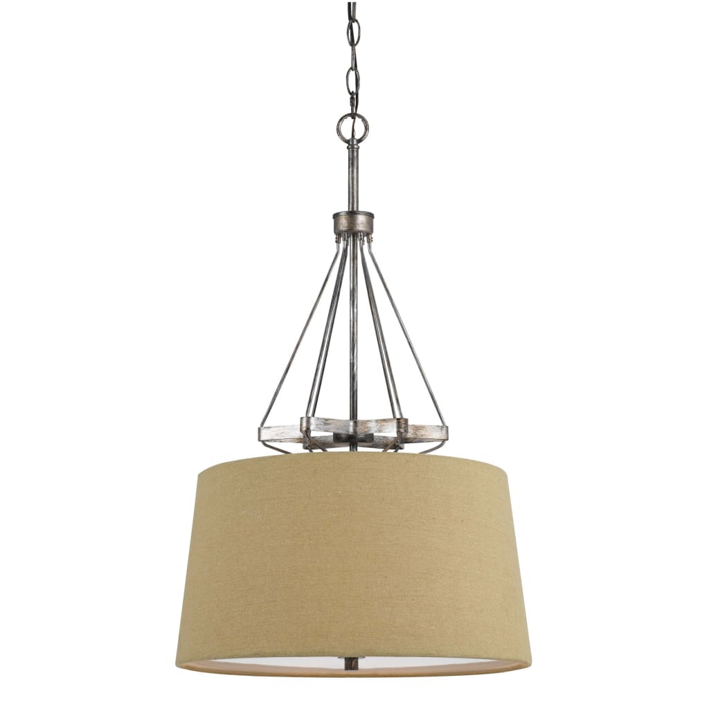 3 Bulb Pendent with Round Burlap Shade and Metal Frame, Beige By Casagear Home