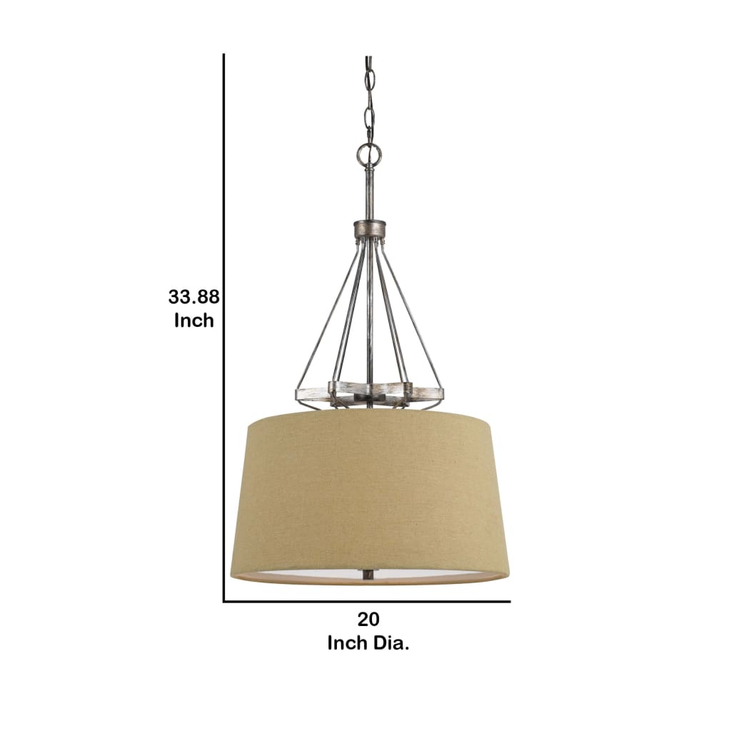 3 Bulb Pendent with Round Burlap Shade and Metal Frame Beige By Casagear Home BM223631