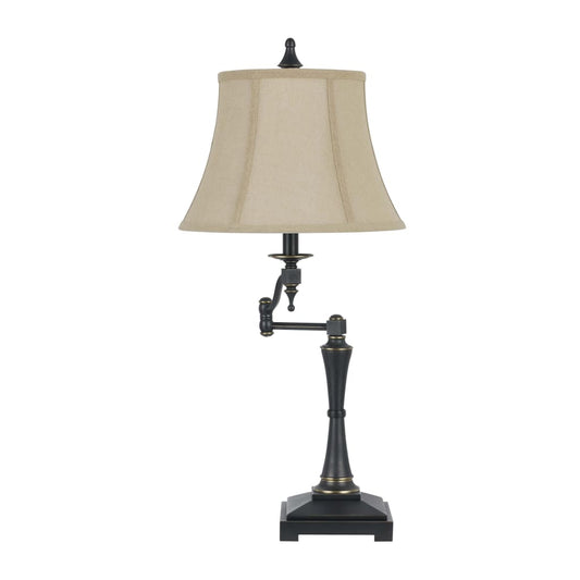 Metal Body Table Lamp with Fabric Tapered Bell Shade, Black and Beige By Casagear Home