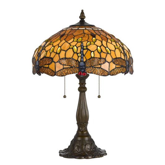 2 Bulb Tiffany Table Lamp with Dragonfly Design Shade, Multicolor By Casagear Home