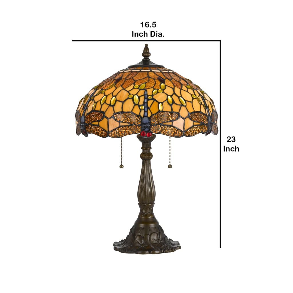2 Bulb Tiffany Table Lamp with Dragonfly Design Shade Multicolor By Casagear Home BM223636