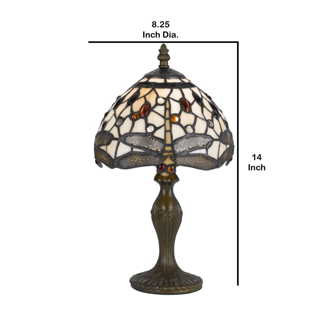 Metal Body Tiffany Table Lamp with Dragonfly Design Shade Multicolor By Casagear Home BM223642