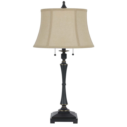 Metal Body Table Lamp with Fabric Tapered Bell Shade, Beige and Black By Casagear Home