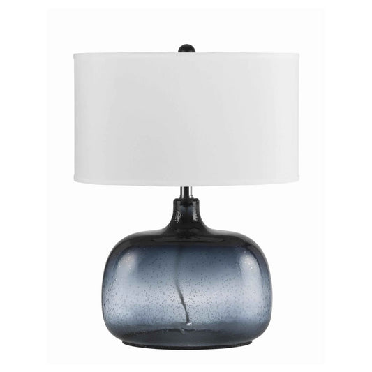 Glass Body Table Lamp with Drum Shade and Bubble Design, Blue and White By Casagear Home