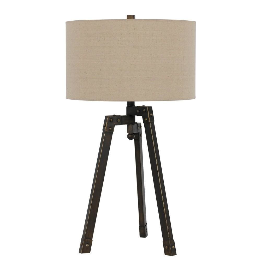 Metal Tripod Base Table Lamp with Fabric Drum Shade, Bronze and Beige By Casagear Home