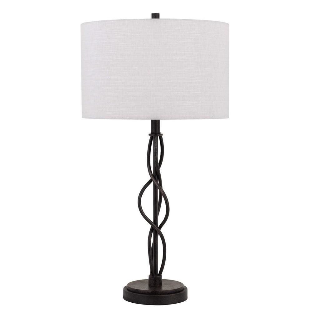 Round Fabric Shade Table Lamp, Metal Spiral Base, White, Textured Bronze By Casagear Home